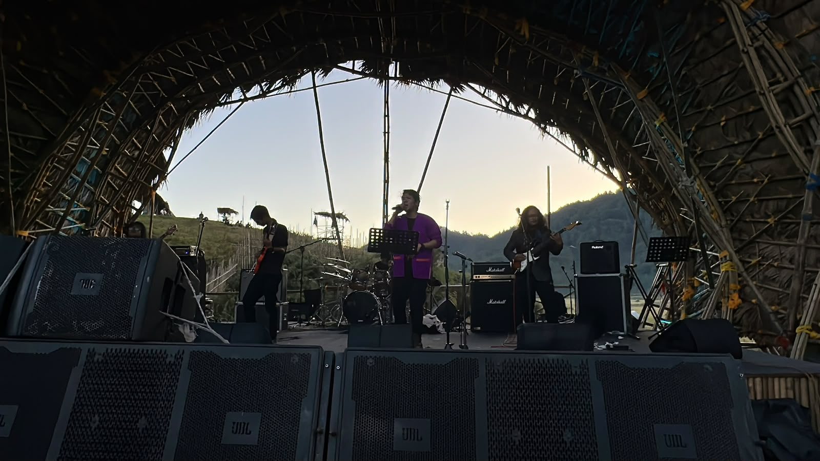 The bamboo main stage at the Ziro Festival of Music at golden hour, Ziro Valley, Arunachal Pradesh