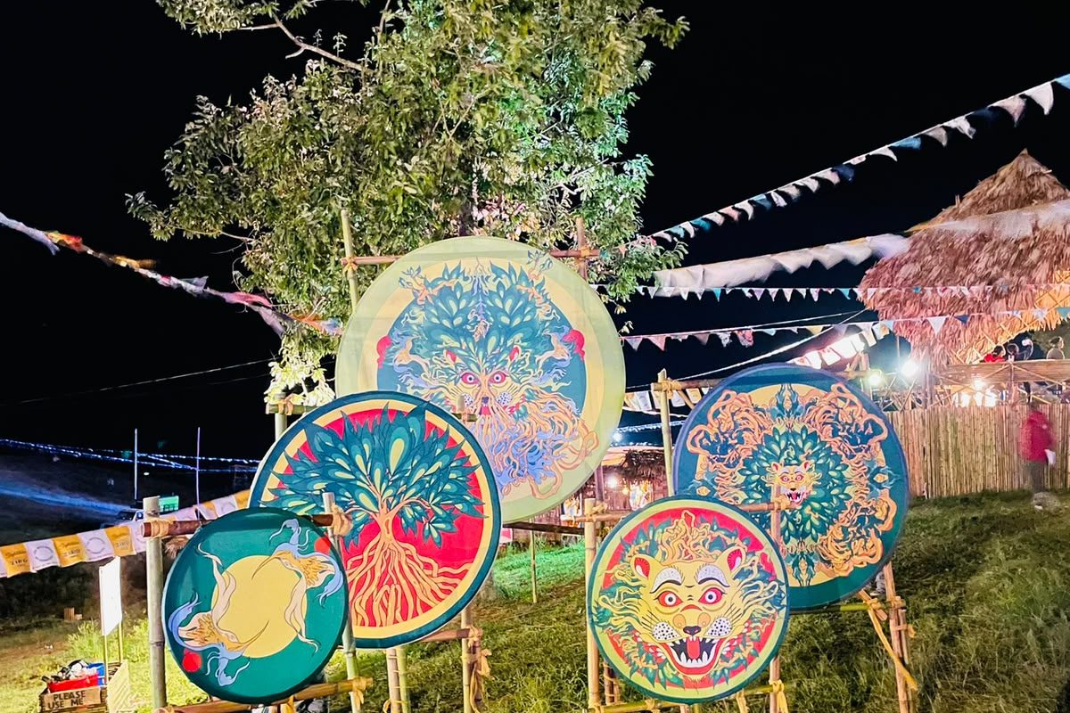 Illuminated art installations and fairy lights at the Ziro Festival at night